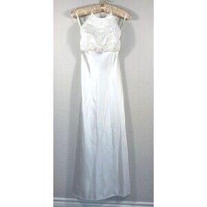 VTG White Lace Pearl Halter Open Back Dress Gown S 5-6 Zum Zum by Niki Livas Y2K